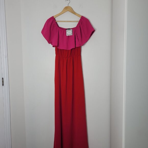 Sugarlips NEW Women's Red Off Shoulder Pink Ruffle Loose Maxi Dress Size S NWT - Picture 2 of 12